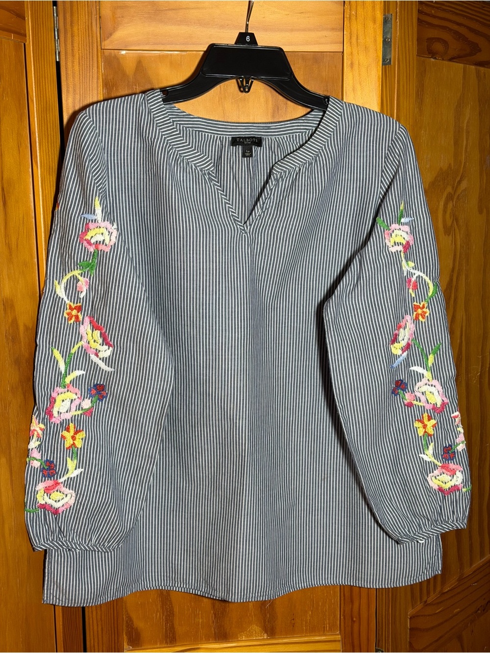 Talbots Navy Pinstripe Popover Top w/Floral Embroidery|Sz LP|Cottagecore